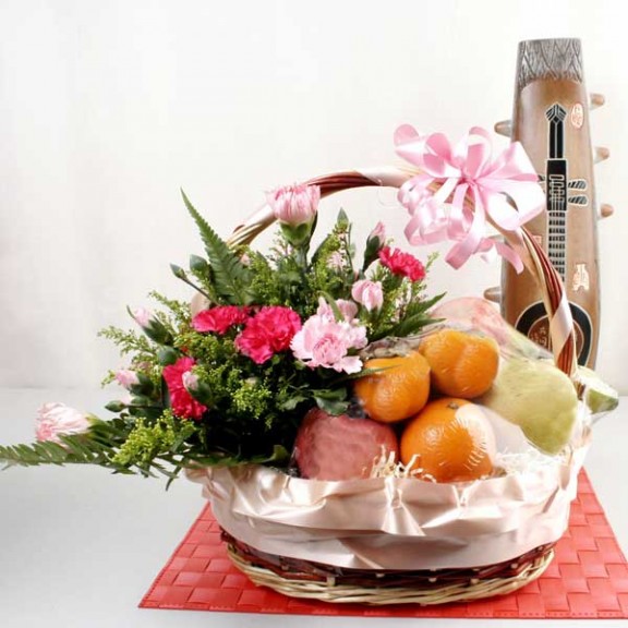 Fresh Flowers & Fruits Basket Arrangement For Chinese New Year