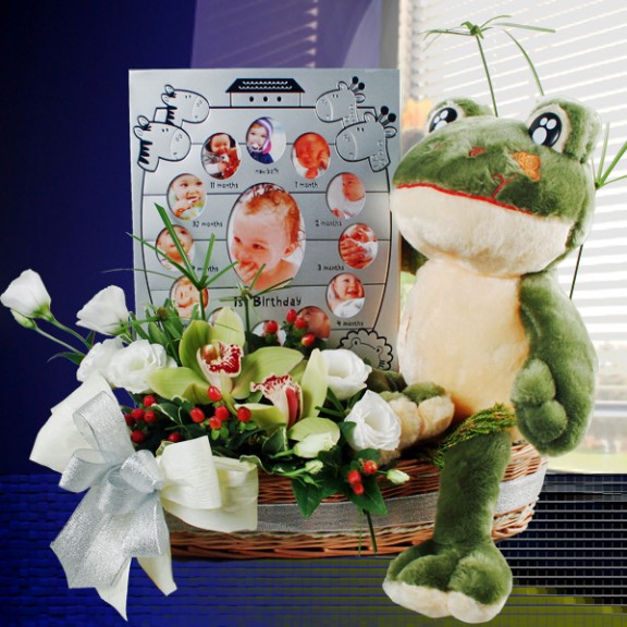 Baby Photo Frame, Frog & Orchids Gift Basket