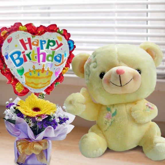 30cm Bear and a Happy Birthday Balloon with Gerbera