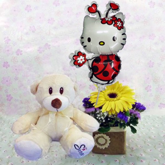 6 Inches Bear and a Hello Kitty Balloon with Yellow Gerbera…