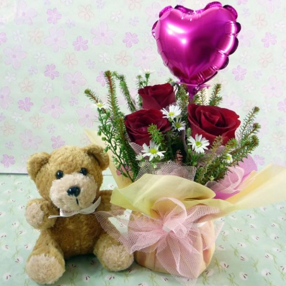 6 Inches Bear and a Heart-Shape Balloon with 3 Red Roses…
