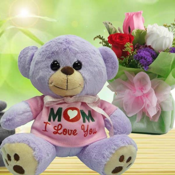 3 Roses with Lavender Bear