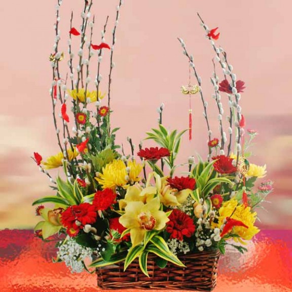 Cymbidium Orchid & Gerbera Flowers Basket Arrangement