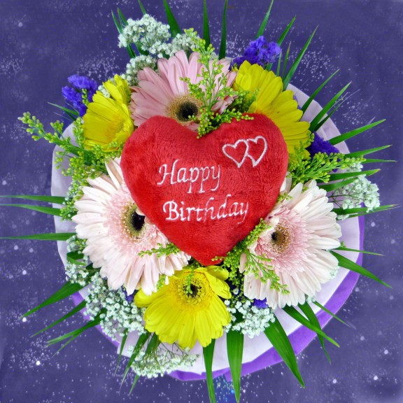 3 Pink 3 Yellow Gerberas with Happy Birthday Heart-Shaped tag
