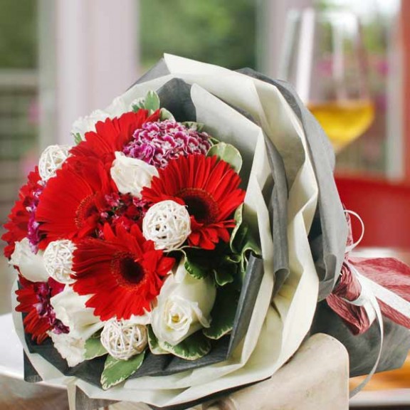 Gerbera, White Roses & Twig Balls HandBouquet