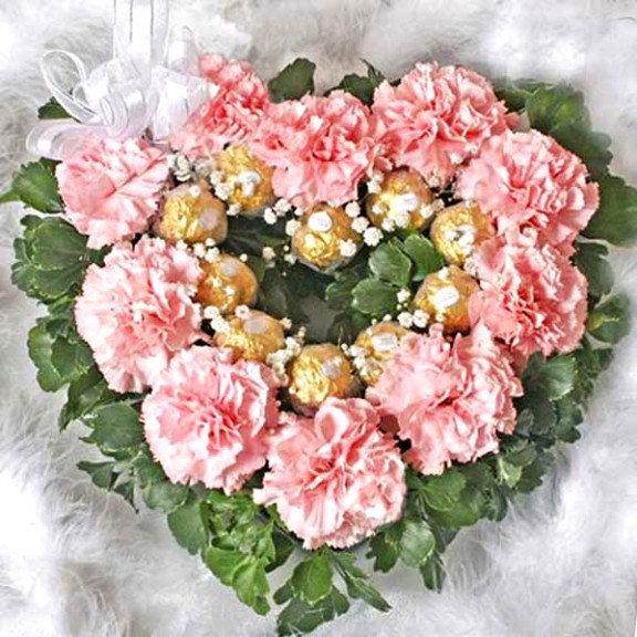 10 Pink Carnations & 10 Ferrero Rocher Heart-Shape Table Arrange