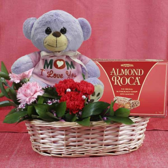 “MoM-i-Love u” Bear, Carnations with Almond Roca Chocolate