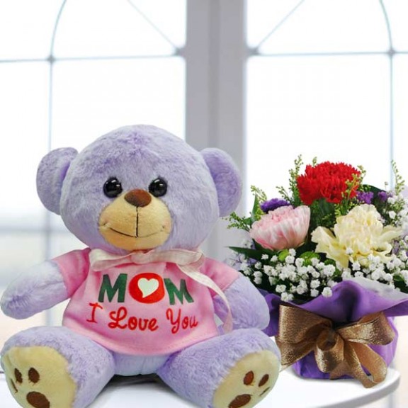 mom i love u Lavender Bear & Carnation Bouquet