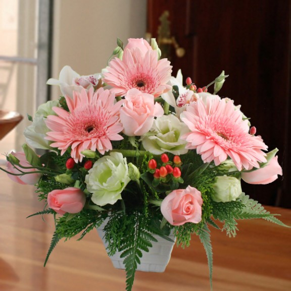 Cymbidium orchids, Pink Roses & Gerbera Table Arrangement
