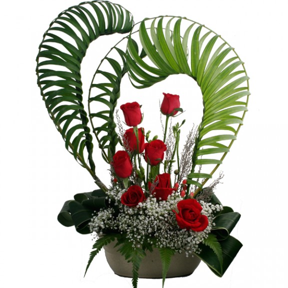 Heart Shape 8 Red Roses Table Arrangement