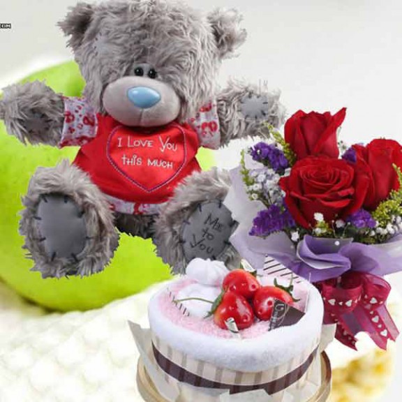 Cake Made By Towels, (Me 2U) 5″ Bear & 3 Roses