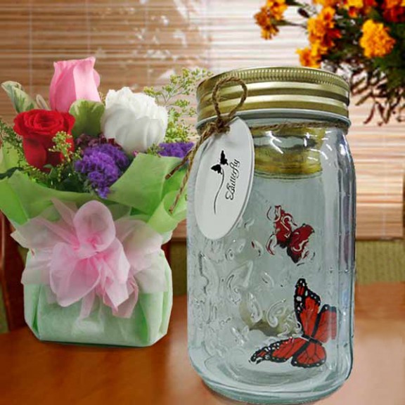 Electronic Butterfly in Glass Jar & Roses Bouquet
