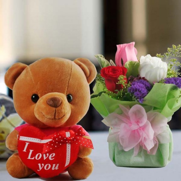 18cm ( I Love You ) Bear & 3 Mixed Color Roses Standing Bouquet.