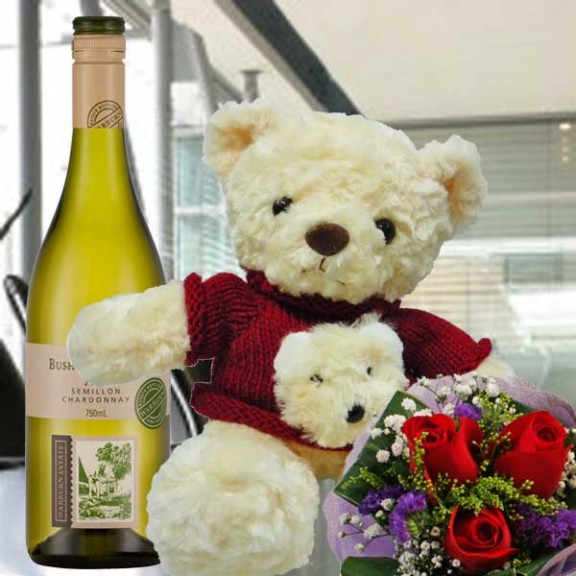 3 Red Roses With 9″ Red Sweater Teddy Bear & European White Wine