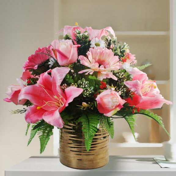Pink Lily and Roses All-Round Artificial Flower Arrangement