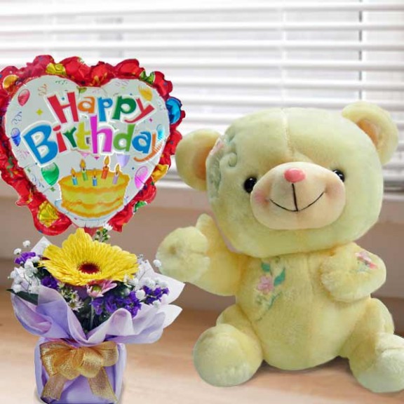 30cm Bear and a Happy Birthday Balloon with Gerbera