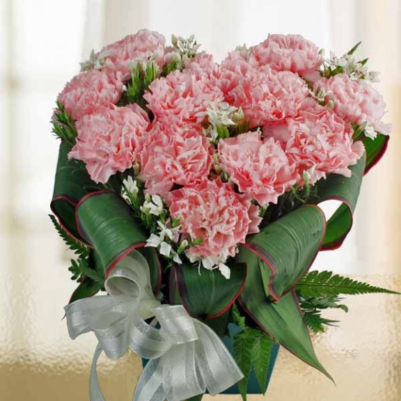 12 Pink Carnations Heart-Shape Arrangement
