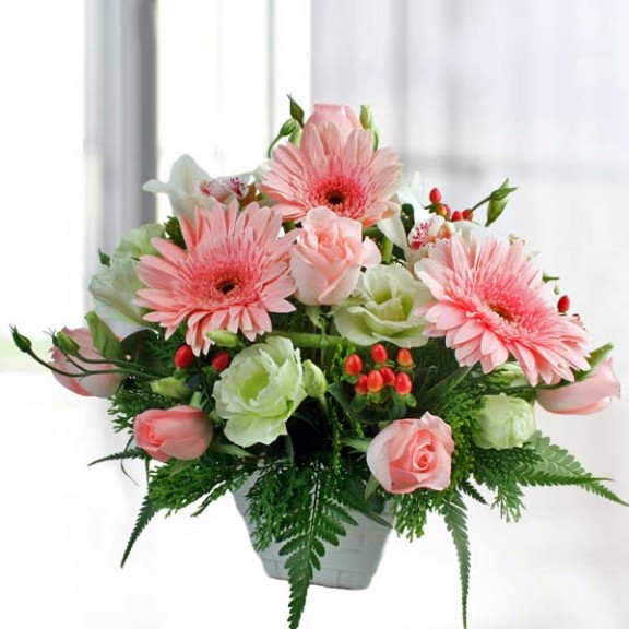 Cymbidium orchids, Pink Roses & Gerbera Table Arrangement
