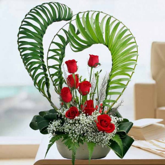 Heart Shape 8 Red Roses Table Arrangement