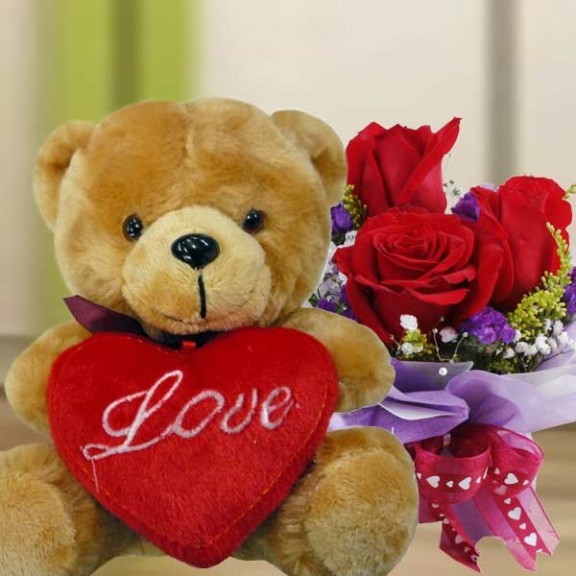 16cm Bear With Love Pillow & 3 Red Roses Standing Bouquet